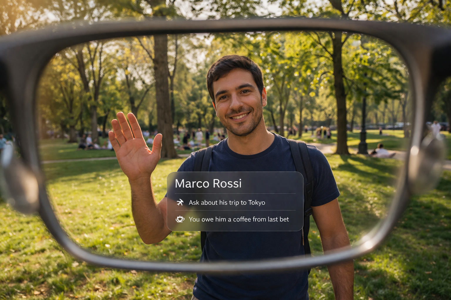 POV through smart glasses recognising a friend in a park